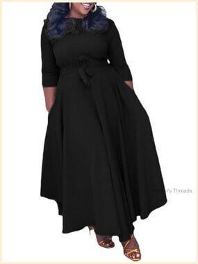 Plus Size Maxi Dress A-Line Self Tie Pockets 3/4 Sleeve Curvy
